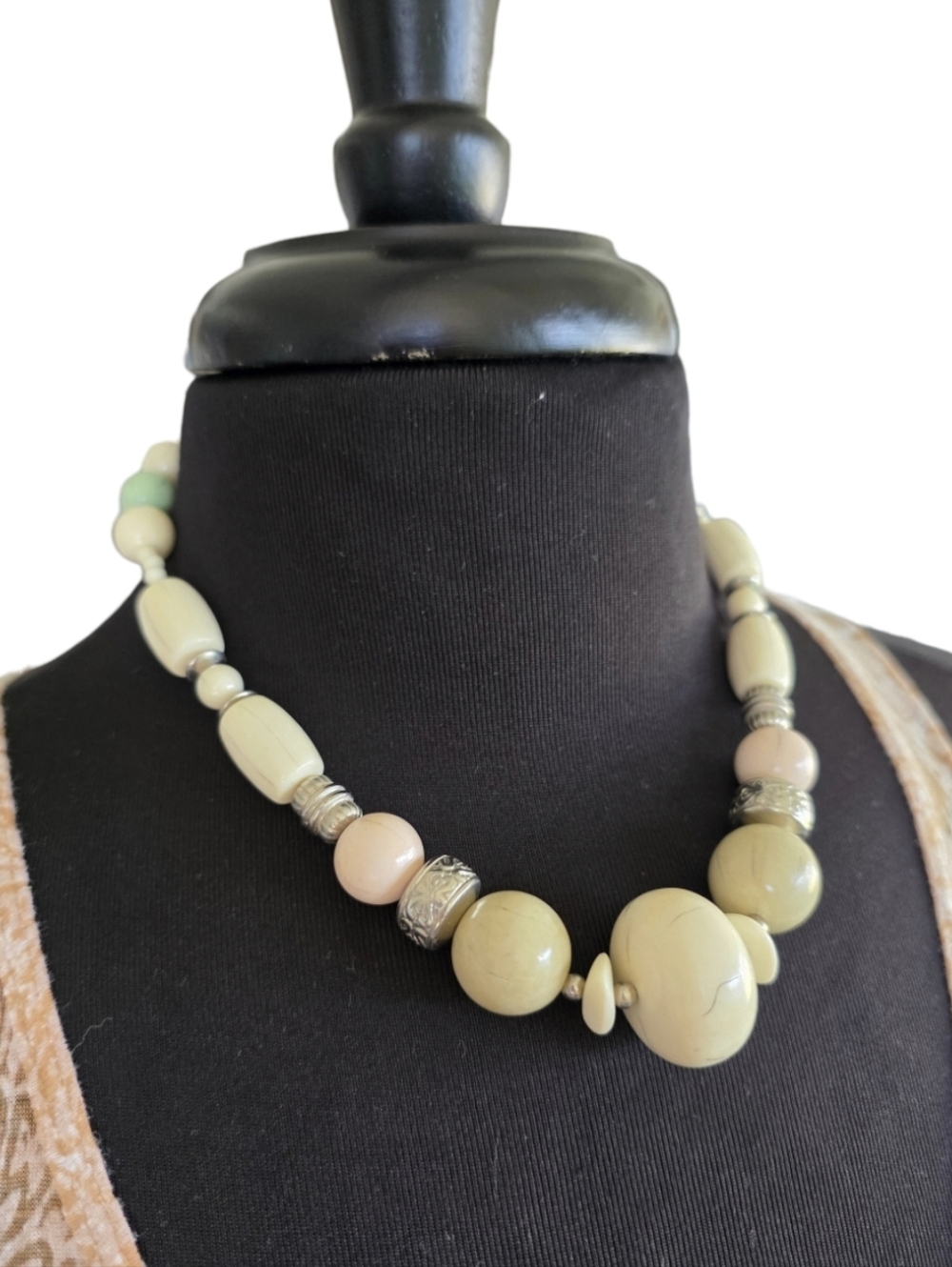 Vintage Pale Green and Cream Bead Necklace with Silver Accents